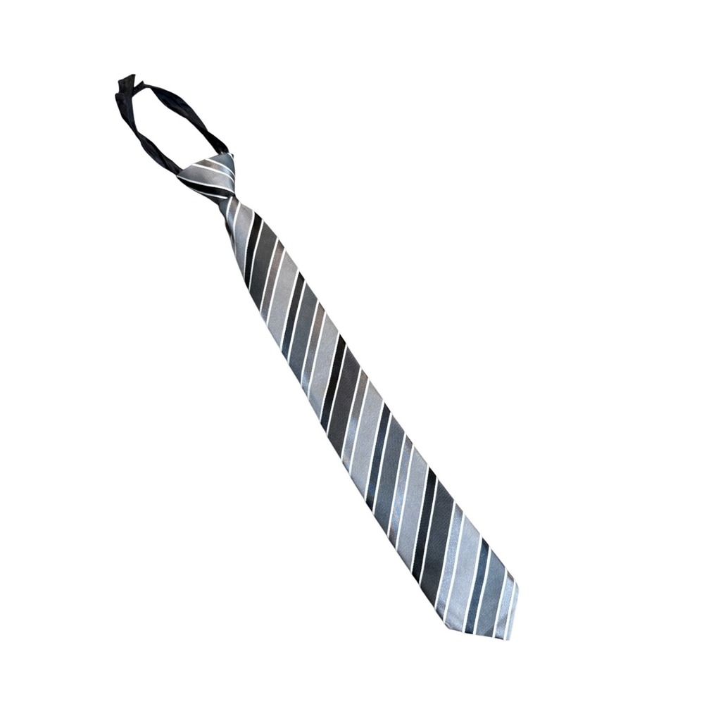 NWOT Antonio Fellici Kid Boy Zip Tie‎ Gray Blue Black Formal Holiday Stripe 16"